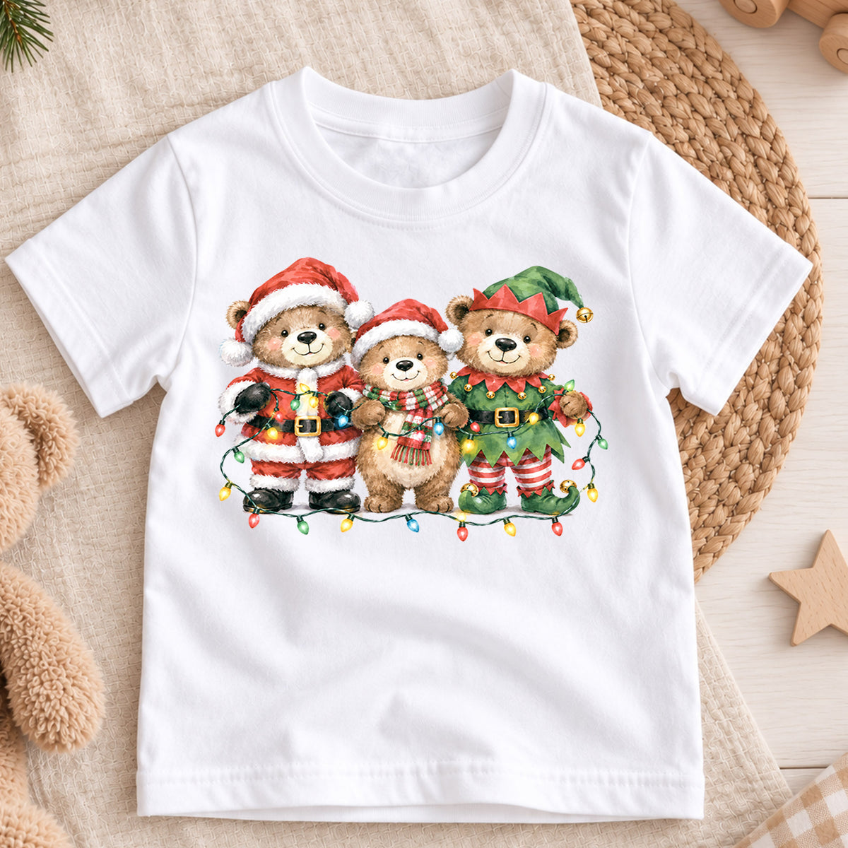 Teddy Bear Christmas Kids Shirt, Cute Santa Elf Holiday Tee, Festive Christmas Outfit, Holiday Gift for Boys and Girls Holiday Gift Idea — product view 3