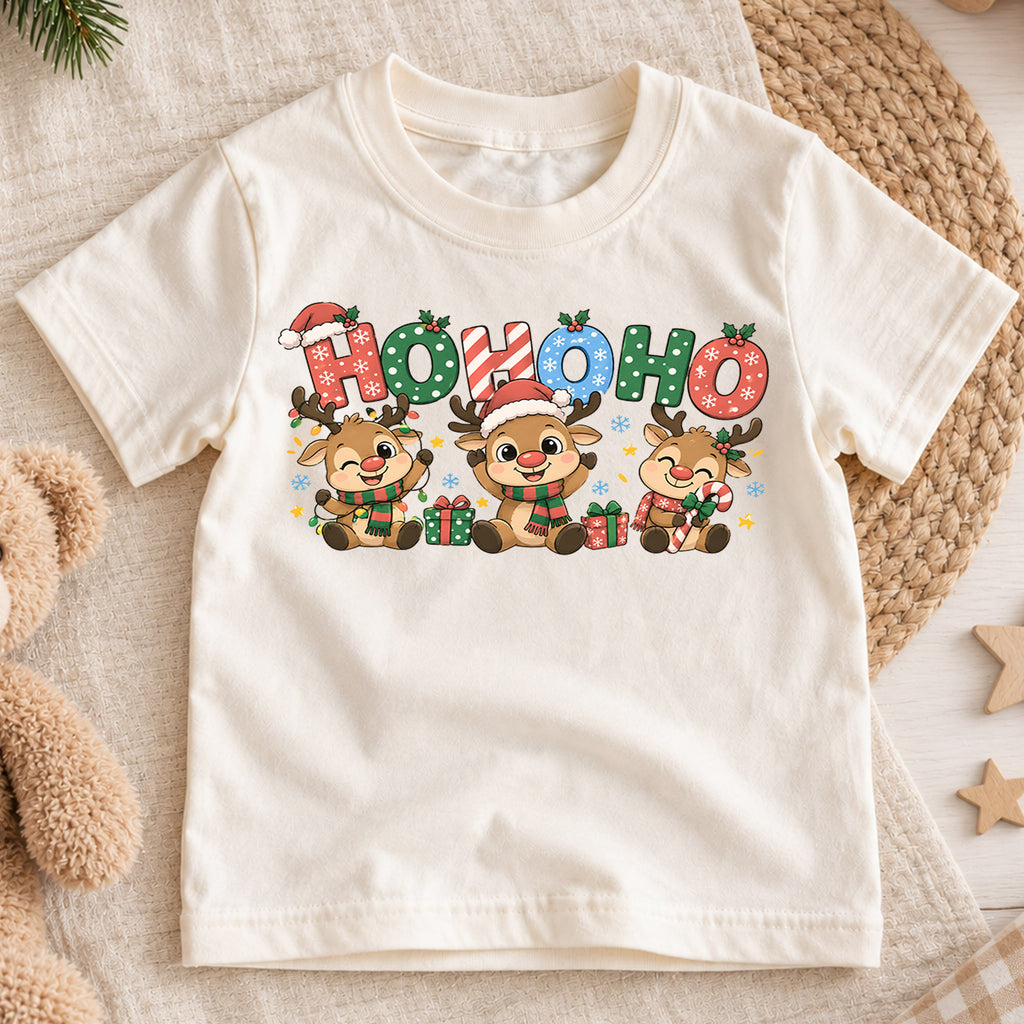 Ho Ho Ho Reindeer Kids Christmas Shirt, Cute Holiday Deer Tee, Festive Christmas Outfit, Holiday Gift for Boys and Girls Holiday Gift Idea — product view 1