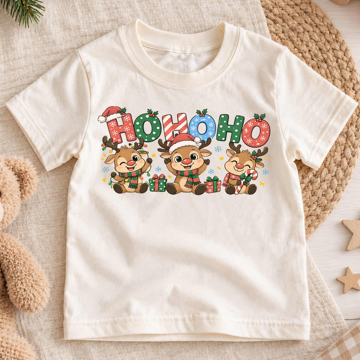 Ho Ho Ho Reindeer Kids Christmas Shirt, Cute Holiday Deer Tee, Festive Christmas Outfit, Holiday Gift for Boys and Girls Holiday Gift Idea — product view 1