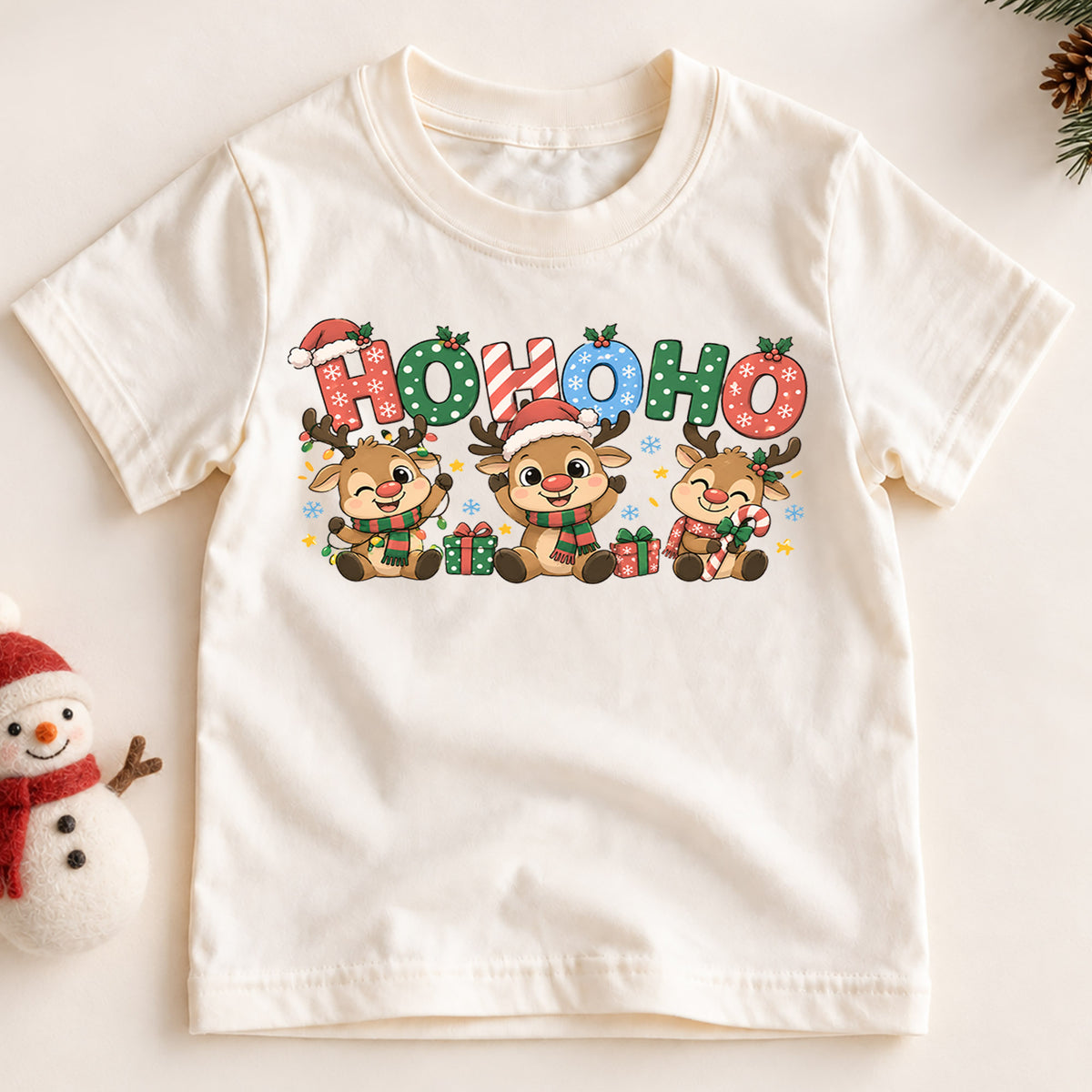 Ho Ho Ho Reindeer Kids Christmas Shirt, Cute Holiday Deer Tee, Festive Christmas Outfit, Holiday Gift for Boys and Girls Holiday Gift Idea — product view 2