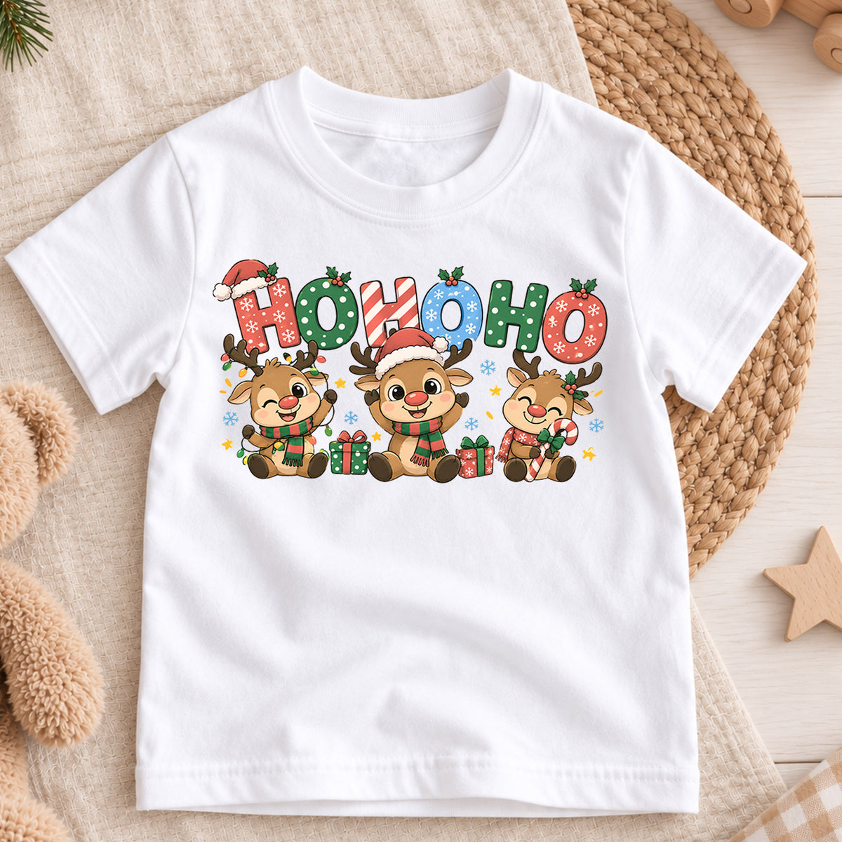 Ho Ho Ho Reindeer Kids Christmas Shirt, Cute Holiday Deer Tee, Festive Christmas Outfit, Holiday Gift for Boys and Girls Holiday Gift Idea — product view 3