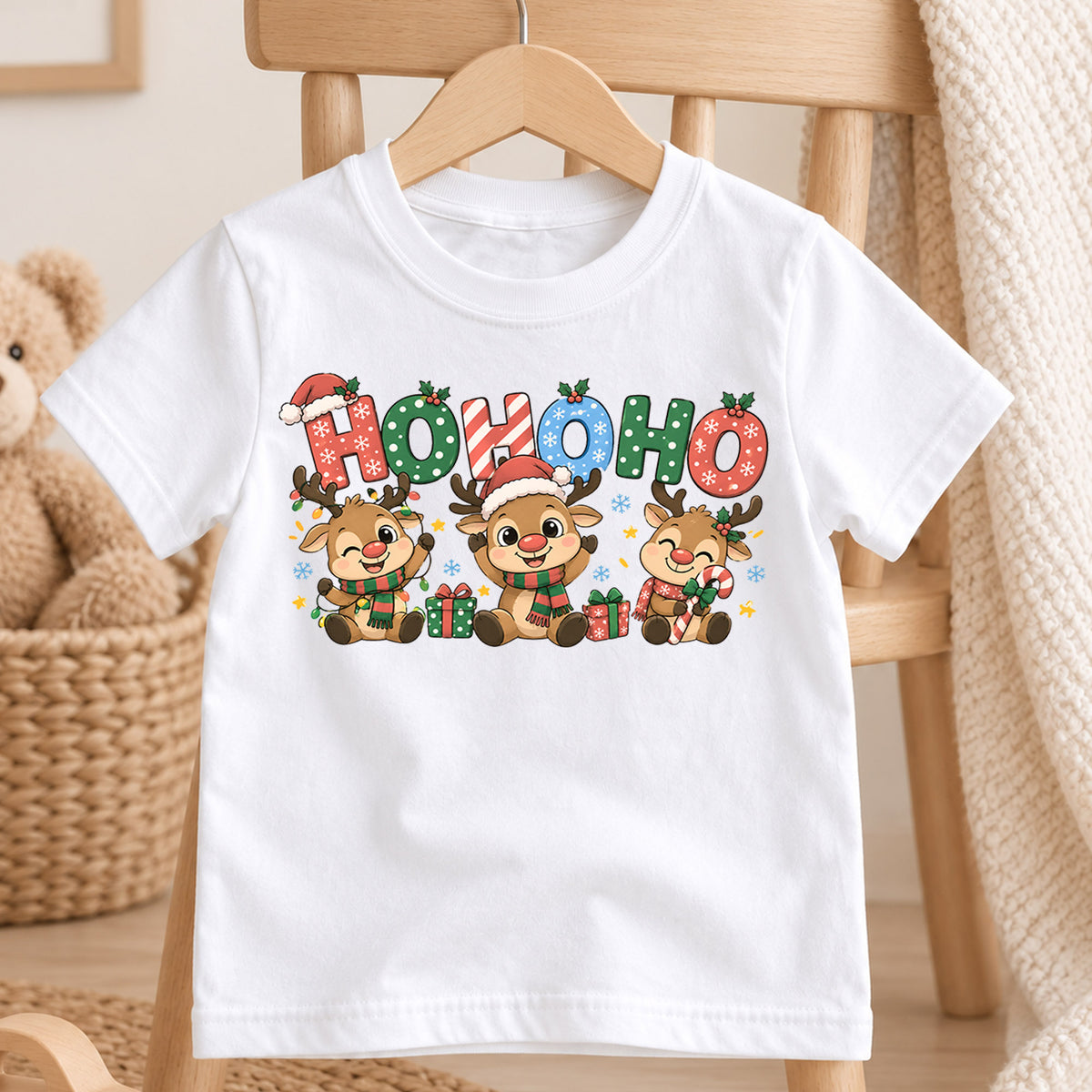 Ho Ho Ho Reindeer Kids Christmas Shirt, Cute Holiday Deer Tee, Festive Christmas Outfit, Holiday Gift for Boys and Girls Holiday Gift Idea — product view 4