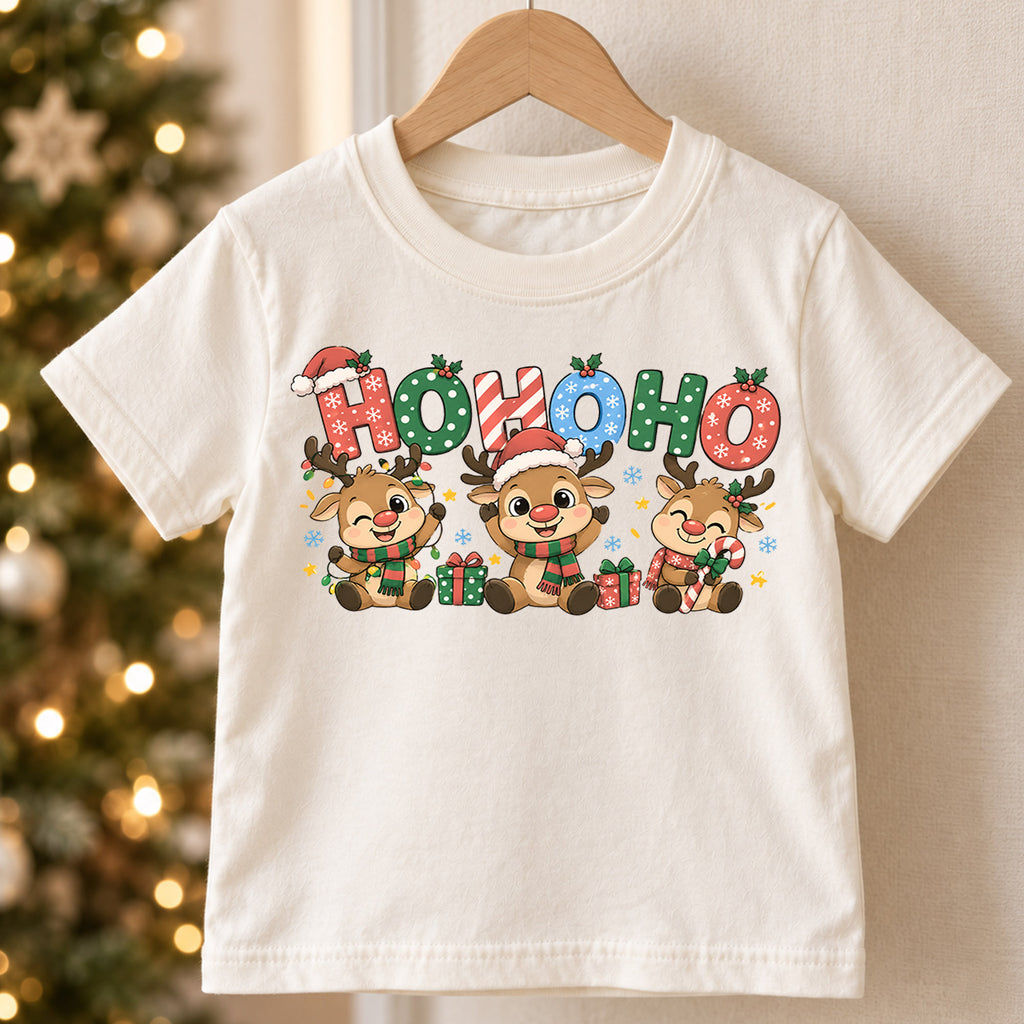 Ho Ho Ho Reindeer Kids Christmas Shirt, Cute Holiday Deer Tee, Festive Christmas Outfit, Holiday Gift for Boys and Girls Holiday Gift Idea — product view 5