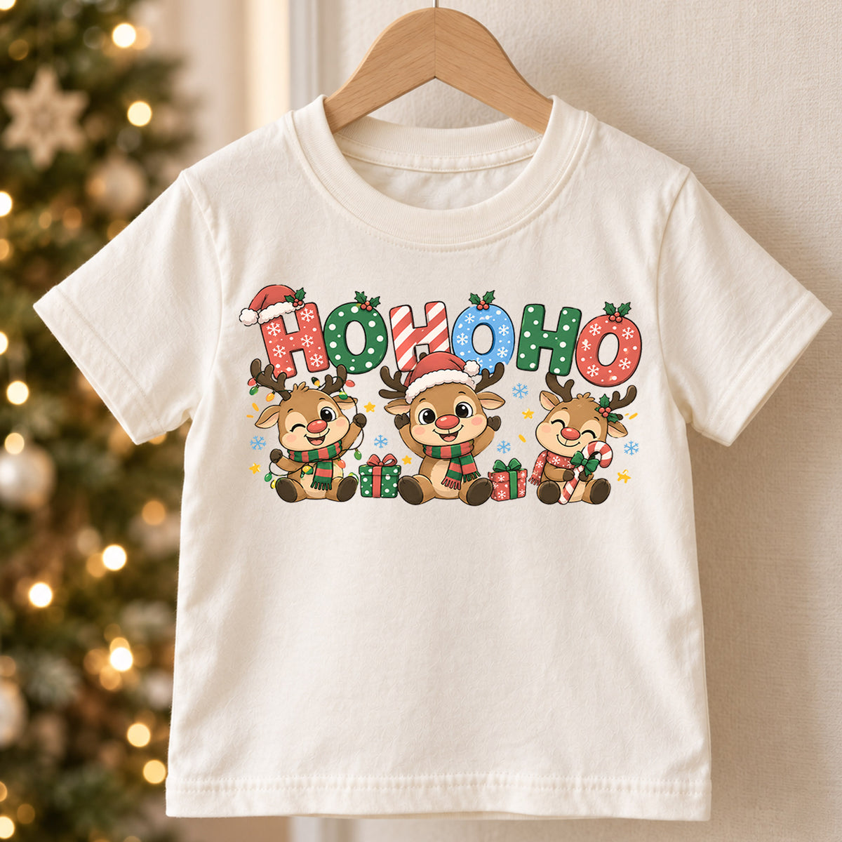 Ho Ho Ho Reindeer Kids Christmas Shirt, Cute Holiday Deer Tee, Festive Christmas Outfit, Holiday Gift for Boys and Girls Holiday Gift Idea — product view 5