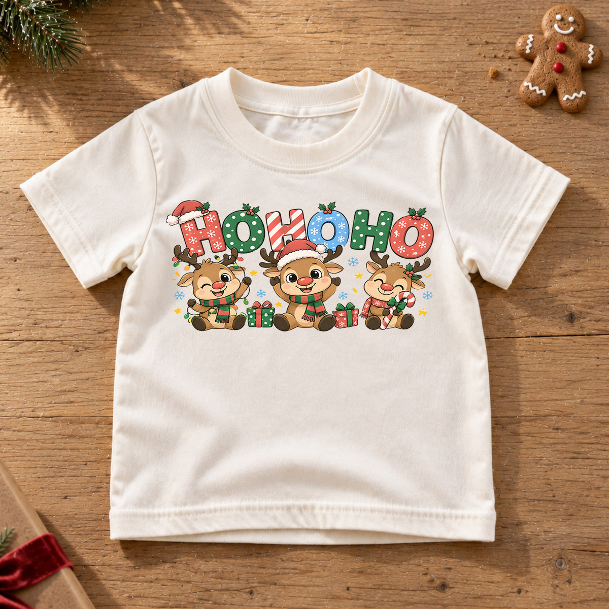 Ho Ho Ho Reindeer Kids Christmas Shirt, Cute Holiday Deer Tee, Festive Christmas Outfit, Holiday Gift for Boys and Girls Holiday Gift Idea — product view 6
