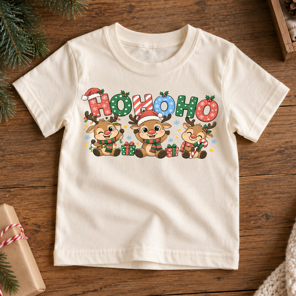 Ho Ho Ho Reindeer Kids Christmas Shirt, Cute Holiday Deer Tee, Festive Christmas Outfit, Holiday Gift for Boys and Girls Holiday Gift Idea — product view 7