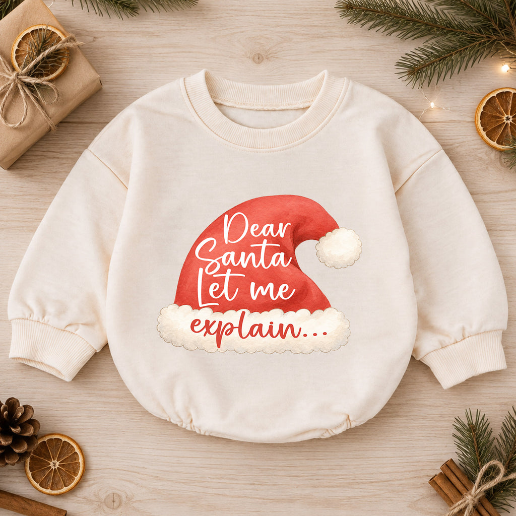 Funny Christmas Baby Romper, Dear Santa Let Me Explain Quote Outfit, Cute Holiday Romper, Toddler Xmas Gift, 1st Christmas — product view 1