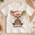 Custom Reindeer Christmas Kids T-Shirt, Personalized Name Holiday Gift Shirt, 1st Christmas Outfit, My First Birthday Keepsake for Kids — product view 1