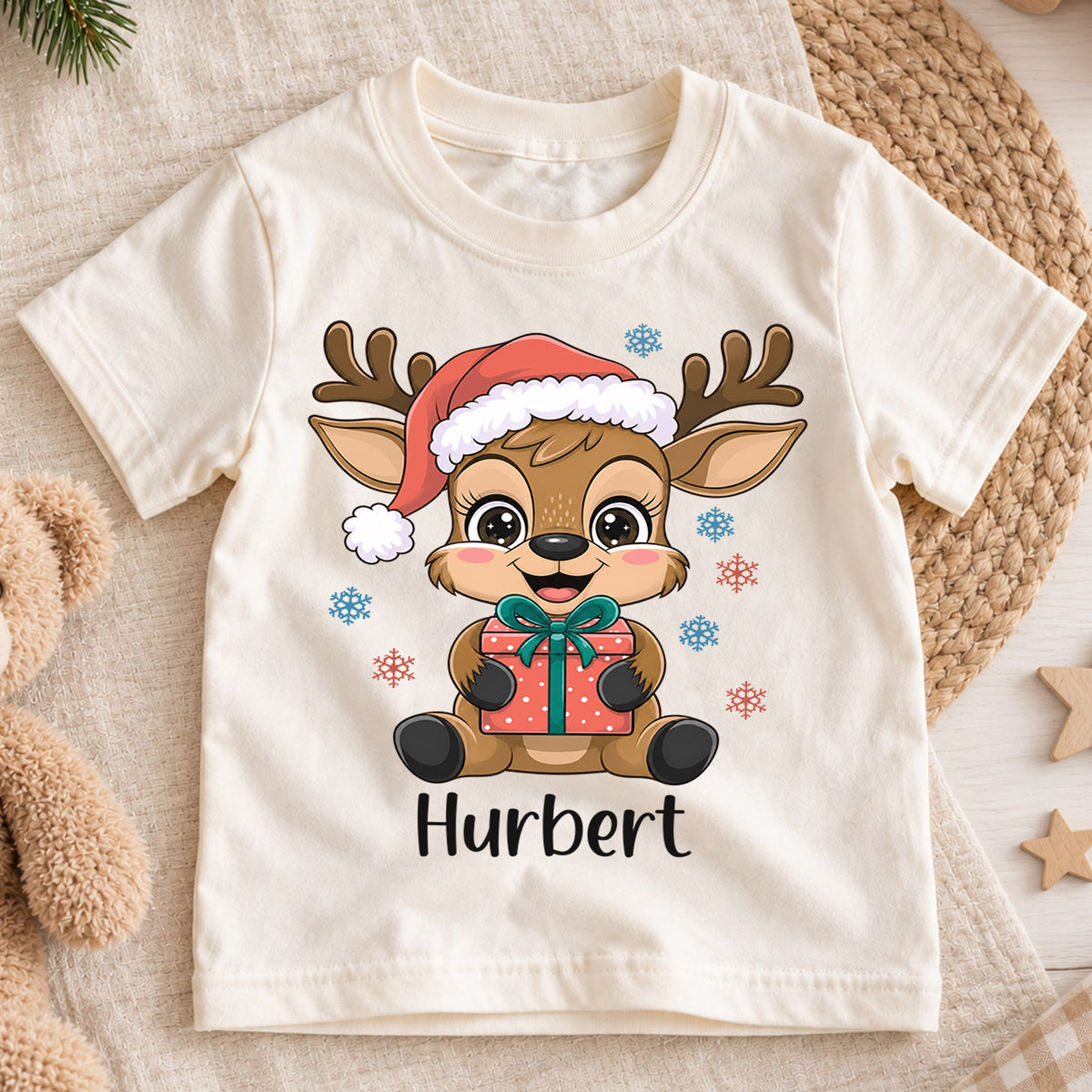 Custom Reindeer Christmas Kids T-Shirt, Personalized Name Holiday Gift Shirt, 1st Christmas Outfit, My First Birthday Keepsake for Kids — product view 1