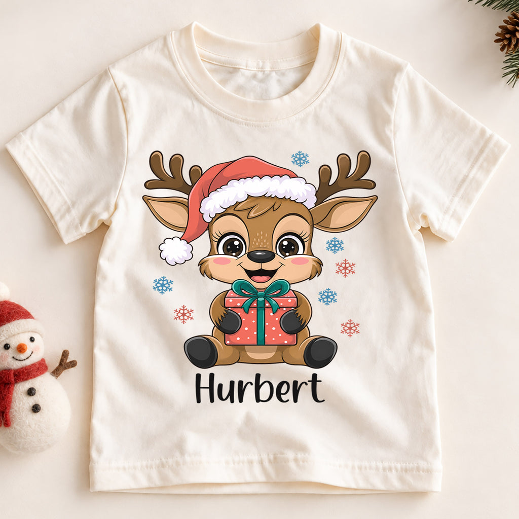 Custom Reindeer Christmas Kids T-Shirt, Personalized Name Holiday Gift Shirt, 1st Christmas Outfit, My First Birthday Keepsake for Kids — product view 2