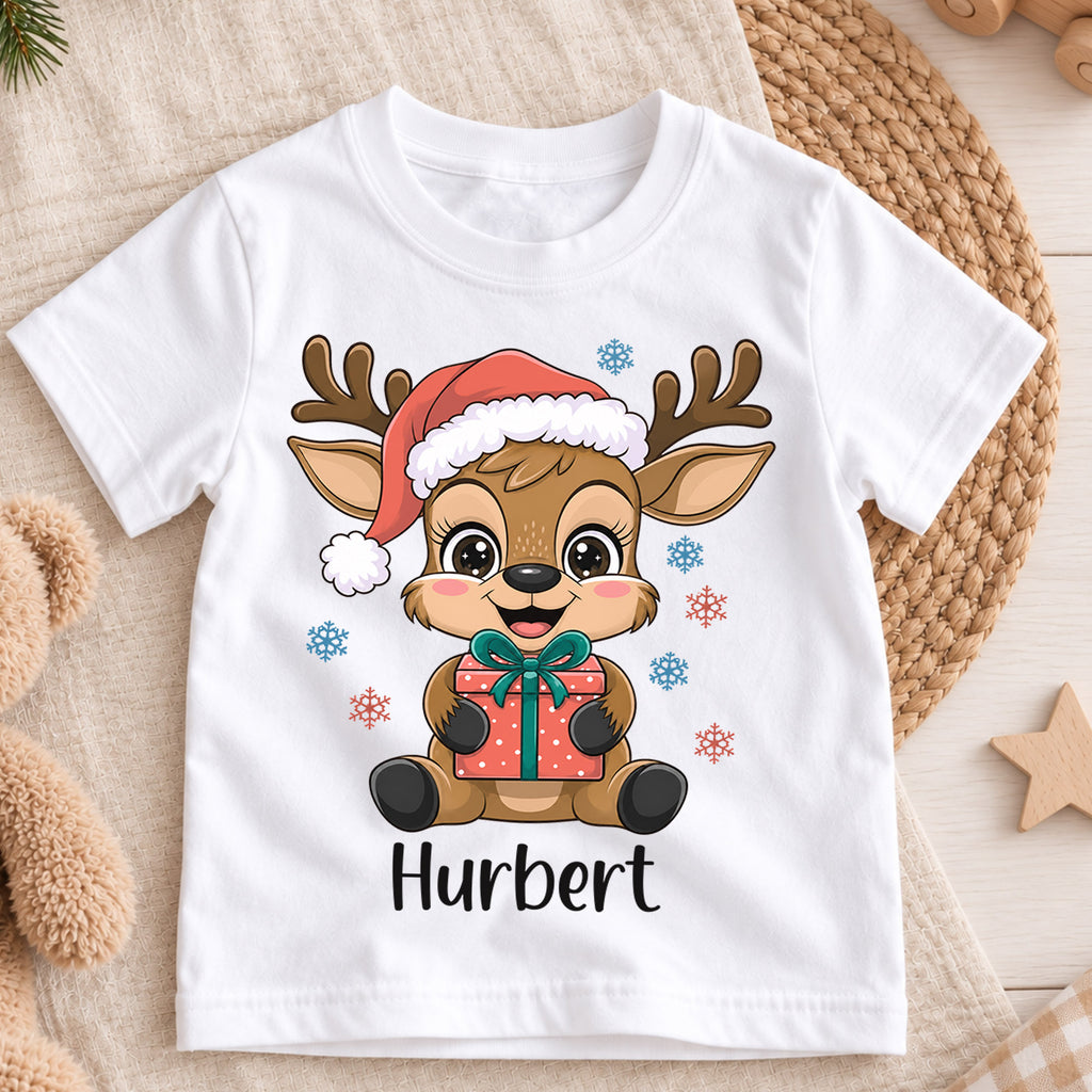 Custom Reindeer Christmas Kids T-Shirt, Personalized Name Holiday Gift Shirt, 1st Christmas Outfit, My First Birthday Keepsake for Kids — product view 3