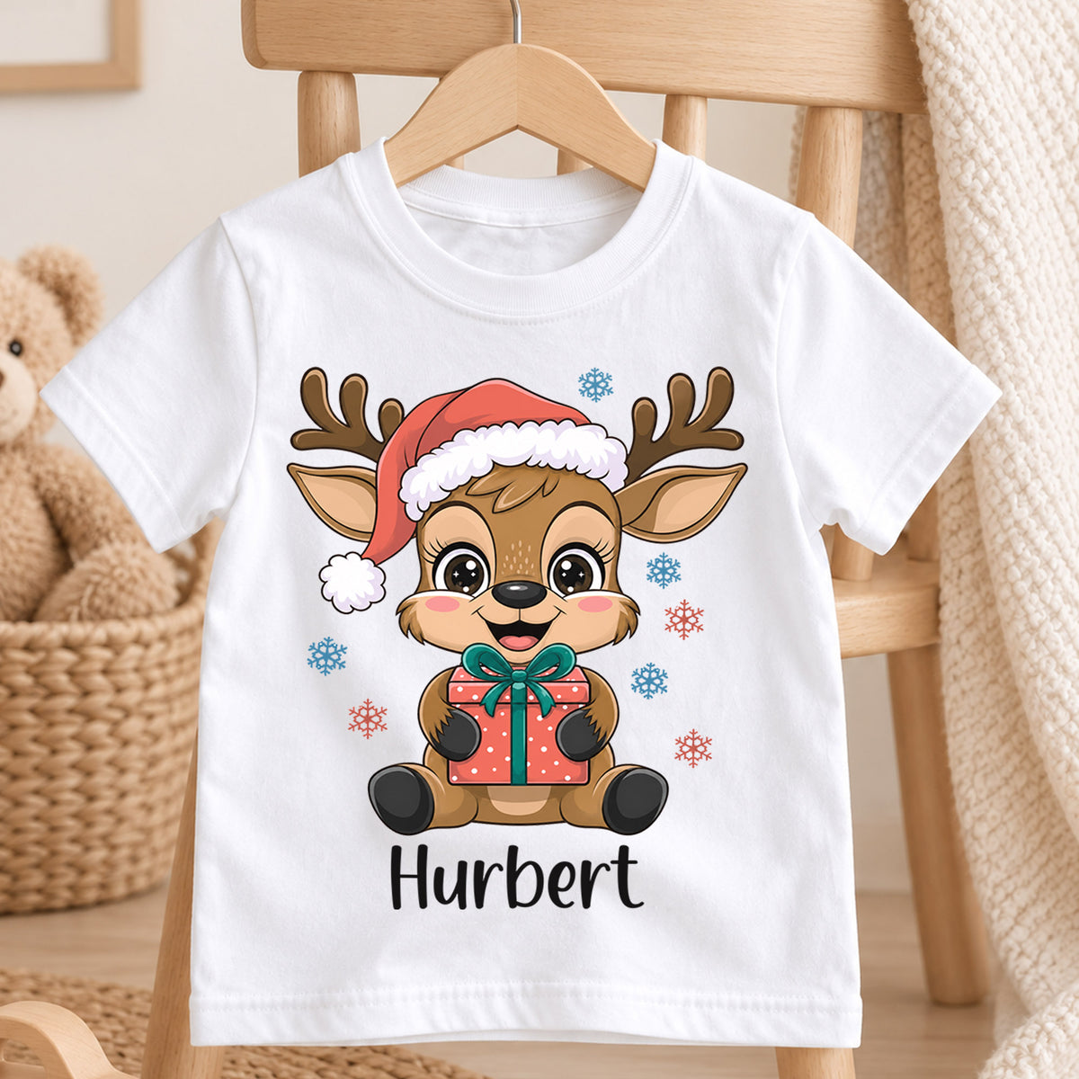 Custom Reindeer Christmas Kids T-Shirt, Personalized Name Holiday Gift Shirt, 1st Christmas Outfit, My First Birthday Keepsake for Kids — product view 4