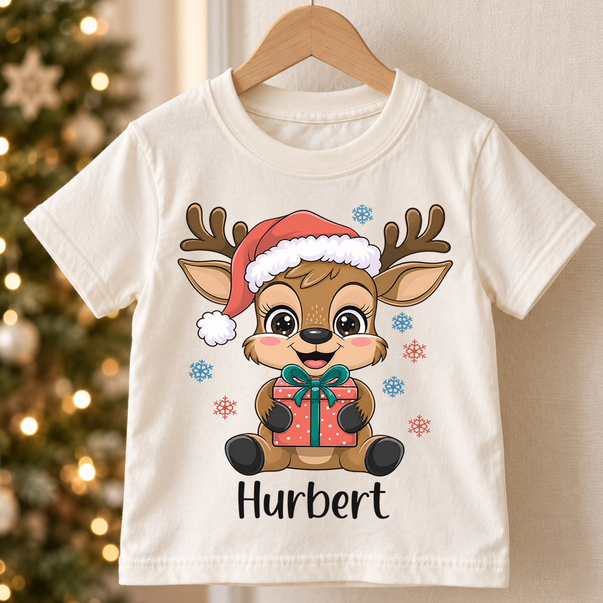Custom Reindeer Christmas Kids T-Shirt, Personalized Name Holiday Gift Shirt, 1st Christmas Outfit, My First Birthday Keepsake for Kids — product view 5
