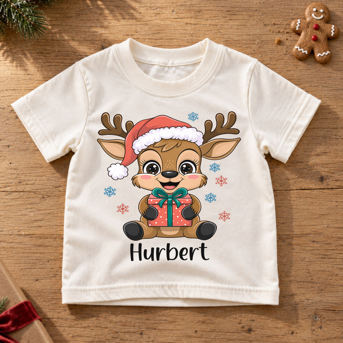 Custom Reindeer Christmas Kids T-Shirt, Personalized Name Holiday Gift Shirt, 1st Christmas Outfit, My First Birthday Keepsake for Kids — product view 6