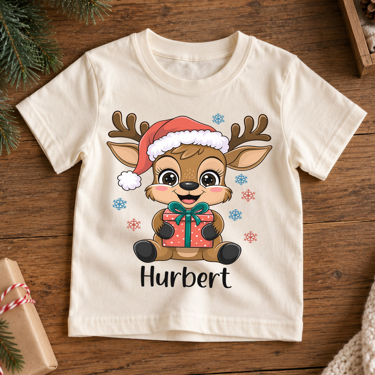 Custom Reindeer Christmas Kids T-Shirt, Personalized Name Holiday Gift Shirt, 1st Christmas Outfit, My First Birthday Keepsake for Kids — product view 7