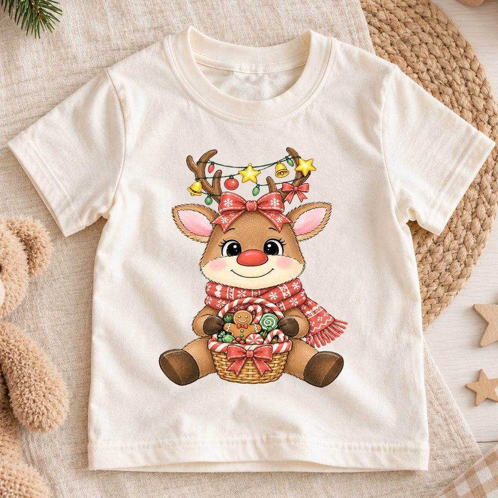 Cute Reindeer Christmas Kids Shirt, Candy Basket Holiday Tee, Festive Christmas Outfit, Holiday Gift for Girls Festive Xmas Gift Idea — product view 1
