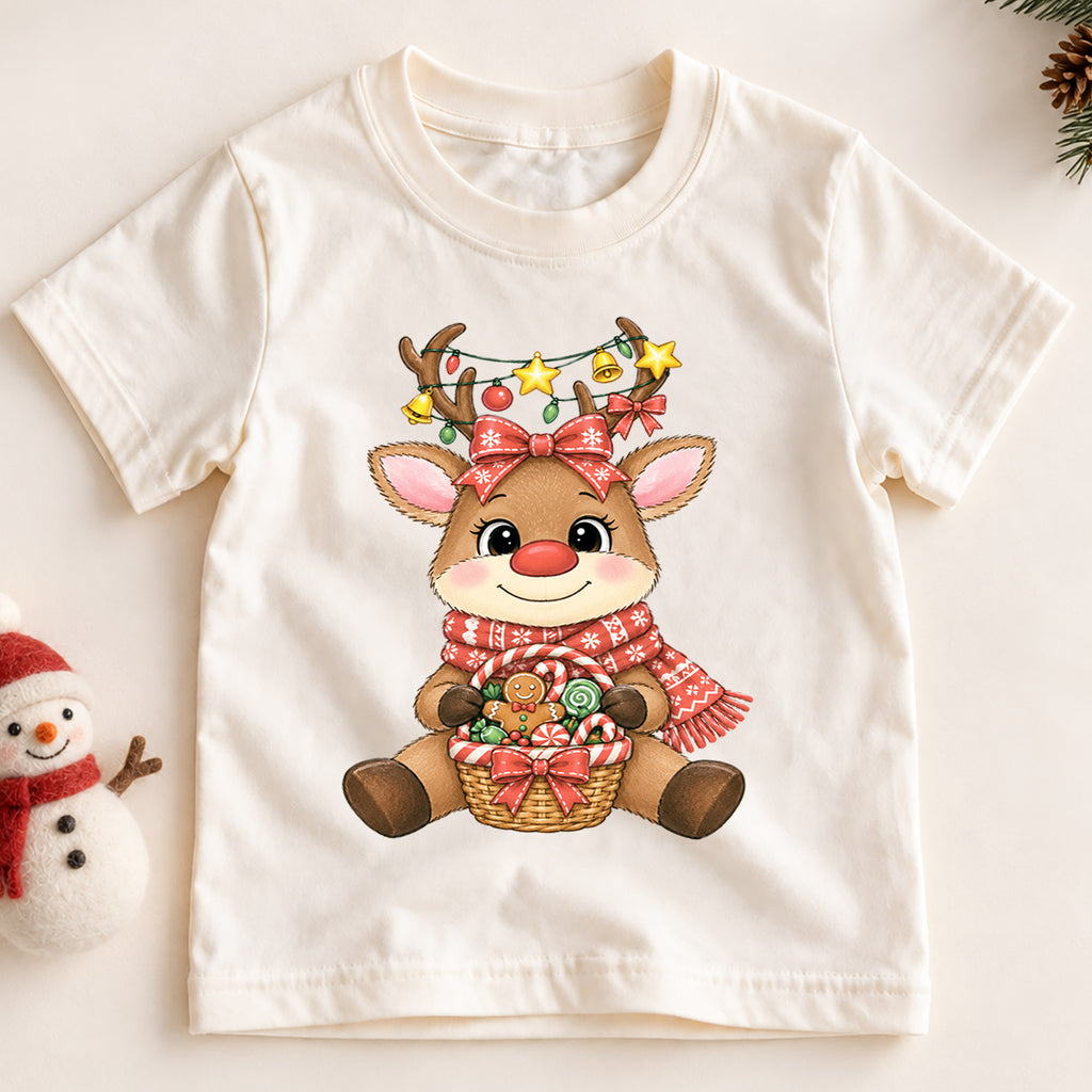 Cute Reindeer Christmas Kids Shirt, Candy Basket Holiday Tee, Festive Christmas Outfit, Holiday Gift for Girls Festive Xmas Gift Idea — product view 2