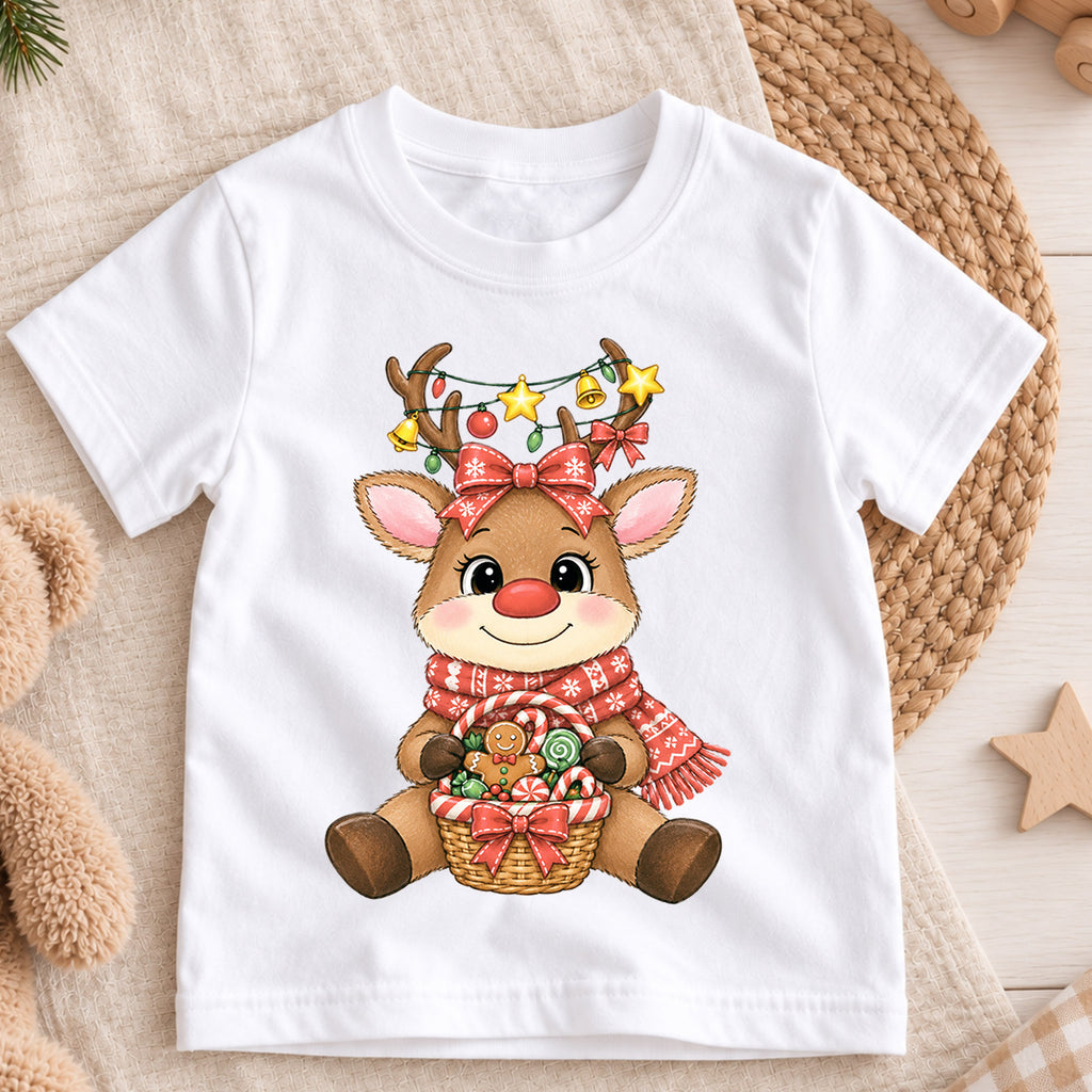 Cute Reindeer Christmas Kids Shirt, Candy Basket Holiday Tee, Festive Christmas Outfit, Holiday Gift for Girls Festive Xmas Gift Idea — product view 3