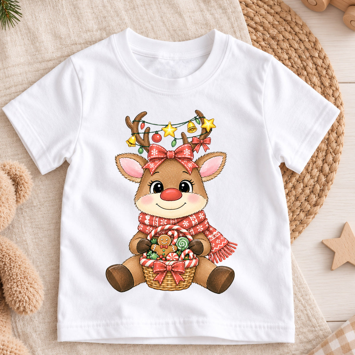 Cute Reindeer Christmas Kids Shirt, Candy Basket Holiday Tee, Festive Christmas Outfit, Holiday Gift for Girls Festive Xmas Gift Idea — product view 3