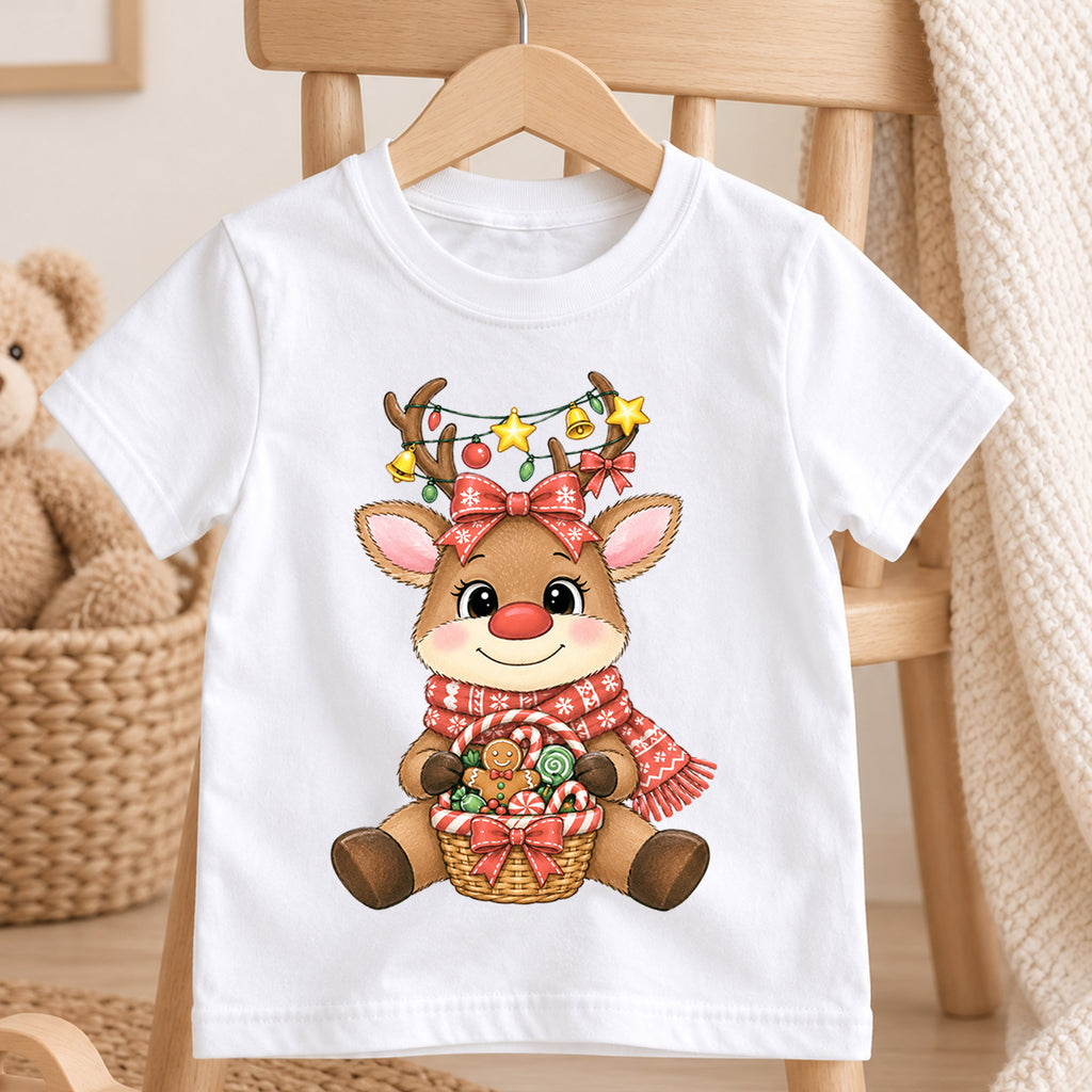 Cute Reindeer Christmas Kids Shirt, Candy Basket Holiday Tee, Festive Christmas Outfit, Holiday Gift for Girls Festive Xmas Gift Idea — product view 4