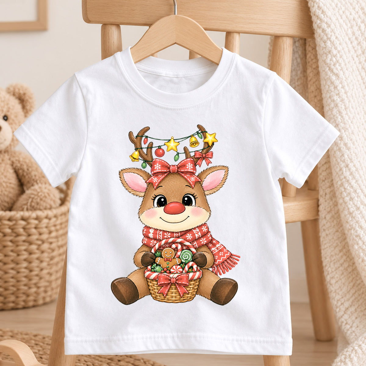Cute Reindeer Christmas Kids Shirt, Candy Basket Holiday Tee, Festive Christmas Outfit, Holiday Gift for Girls Festive Xmas Gift Idea — product view 4
