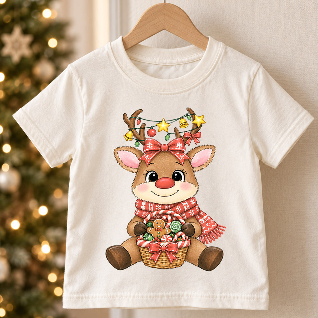 Cute Reindeer Christmas Kids Shirt, Candy Basket Holiday Tee, Festive Christmas Outfit, Holiday Gift for Girls Festive Xmas Gift Idea — product view 5