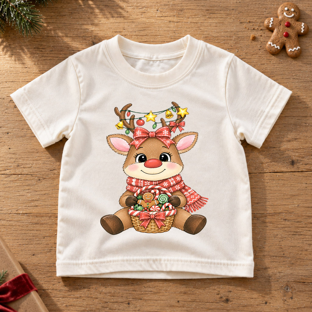 Cute Reindeer Christmas Kids Shirt, Candy Basket Holiday Tee, Festive Christmas Outfit, Holiday Gift for Girls Festive Xmas Gift Idea — product view 6