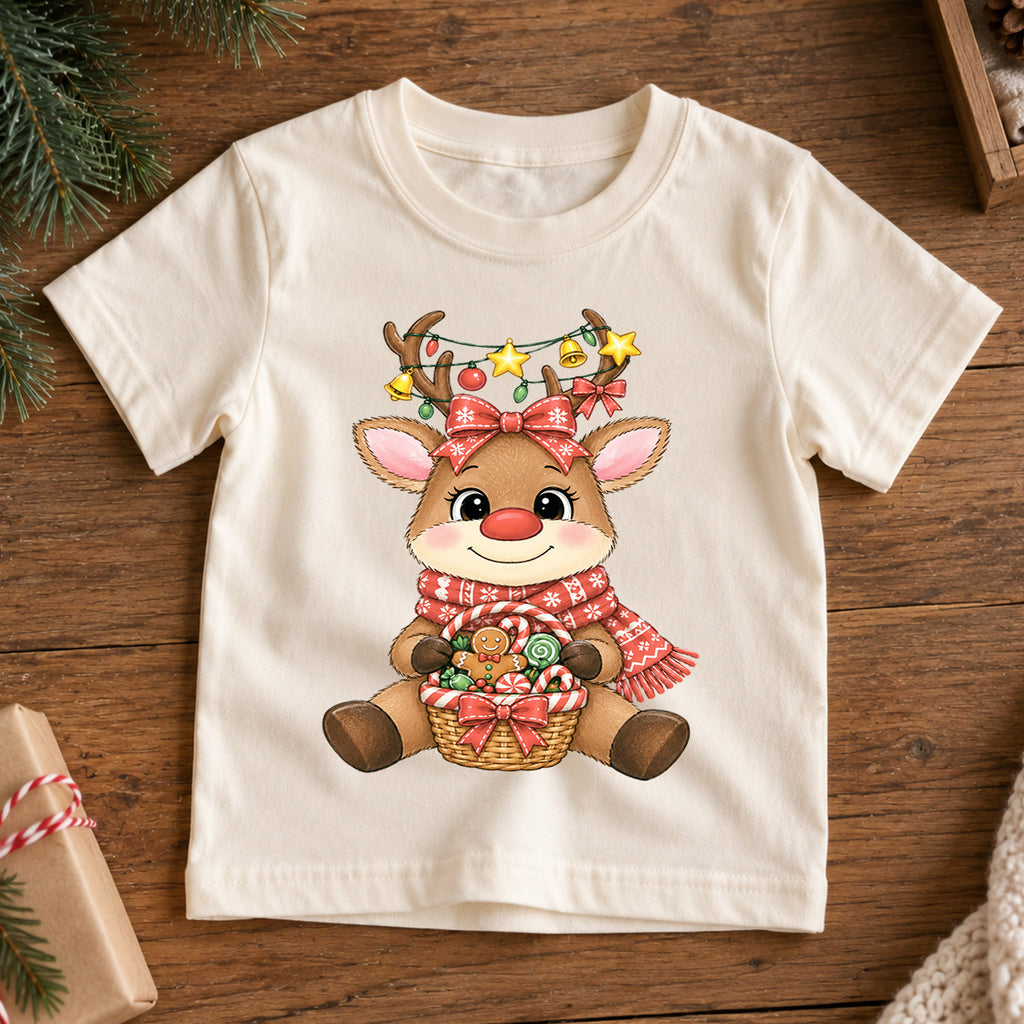 Cute Reindeer Christmas Kids Shirt, Candy Basket Holiday Tee, Festive Christmas Outfit, Holiday Gift for Girls Festive Xmas Gift Idea — product view 7
