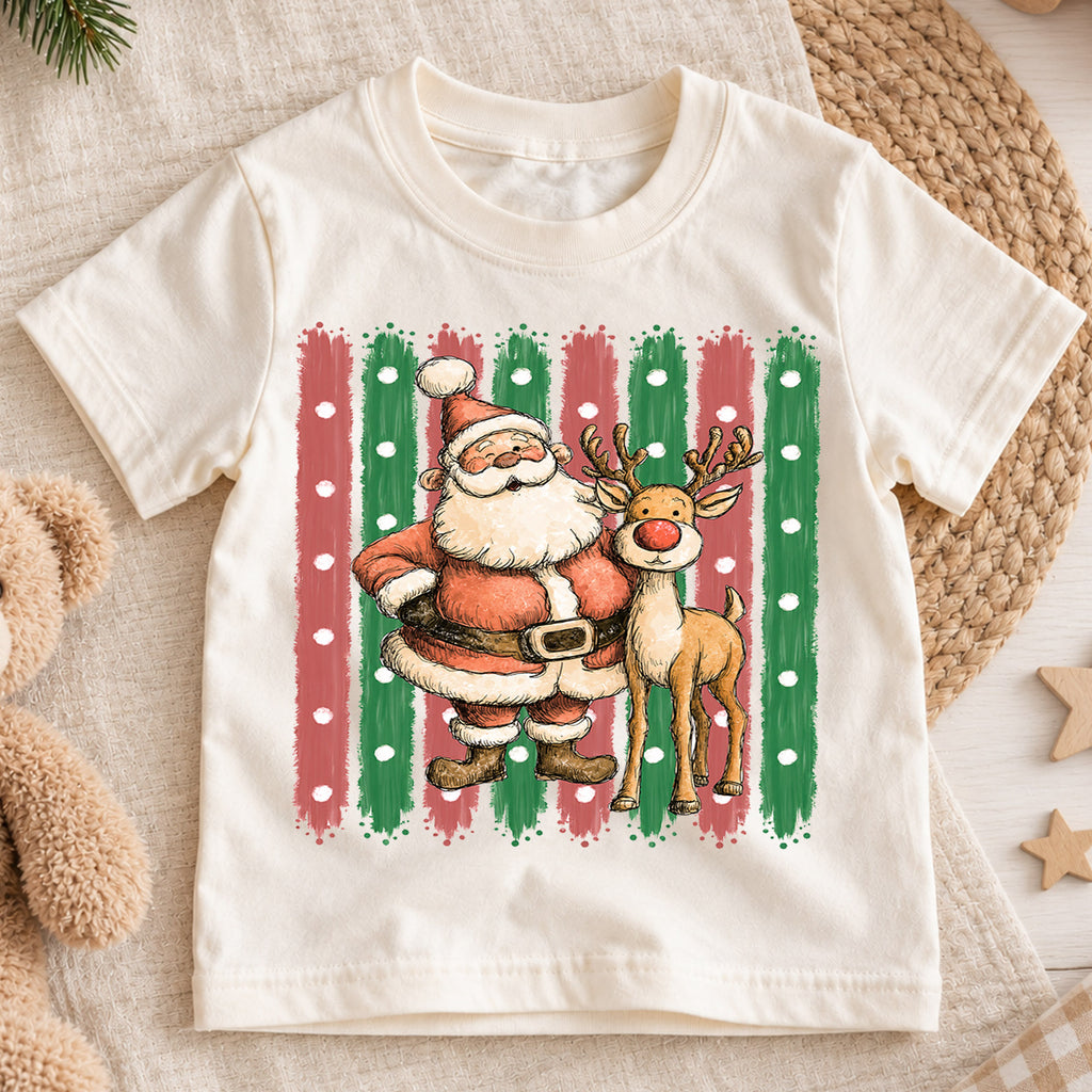 Santa and Reindeer Kids Christmas Shirt, Retro Holiday Tee, Cute Festive Christmas Outfit, Holiday Gift for Children Holiday Gift Idea — product view 1