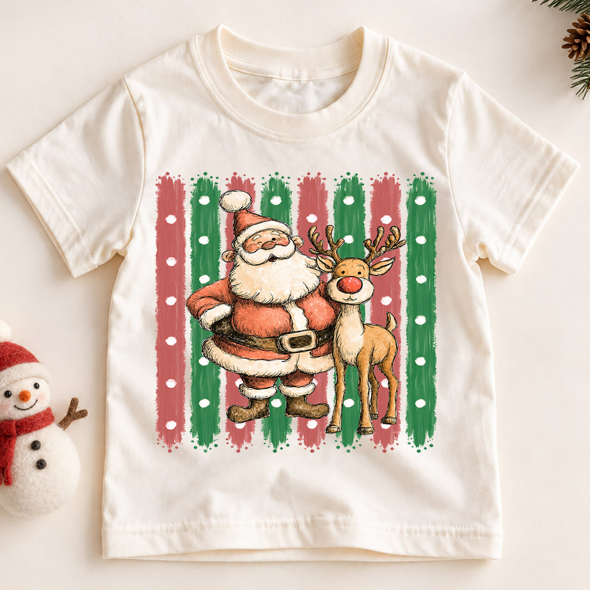 Santa and Reindeer Kids Christmas Shirt, Retro Holiday Tee, Cute Festive Christmas Outfit, Holiday Gift for Children Holiday Gift Idea — product view 2