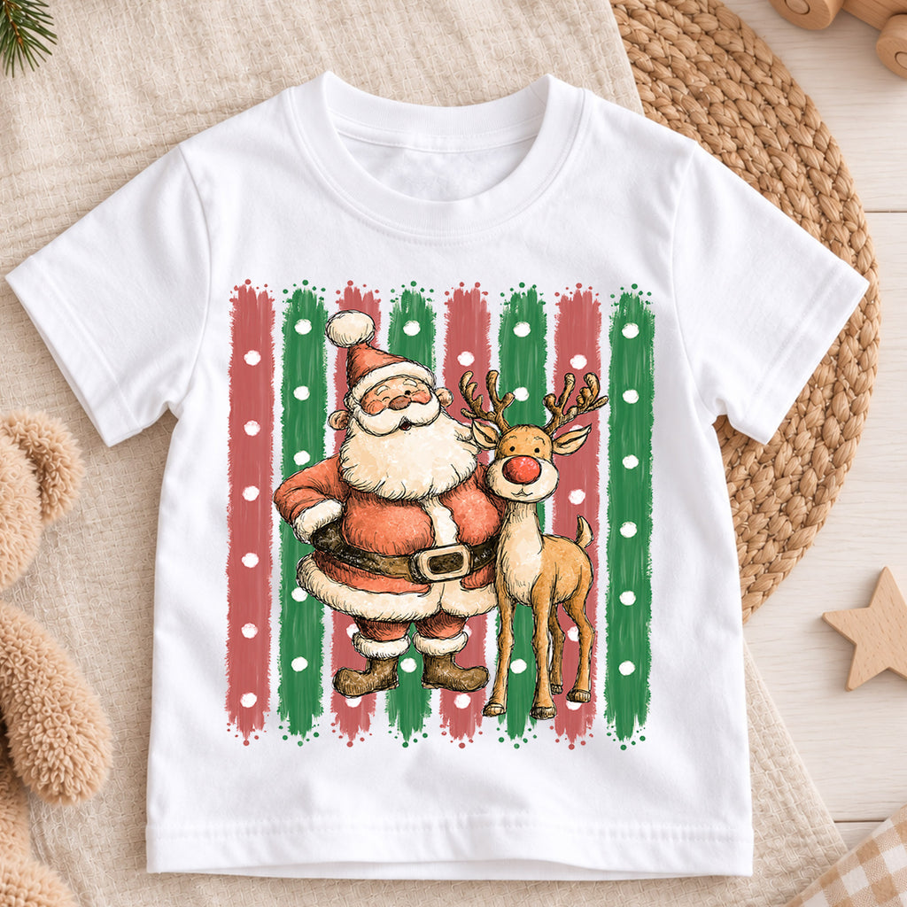 Santa and Reindeer Kids Christmas Shirt, Retro Holiday Tee, Cute Festive Christmas Outfit, Holiday Gift for Children Holiday Gift Idea — product view 3