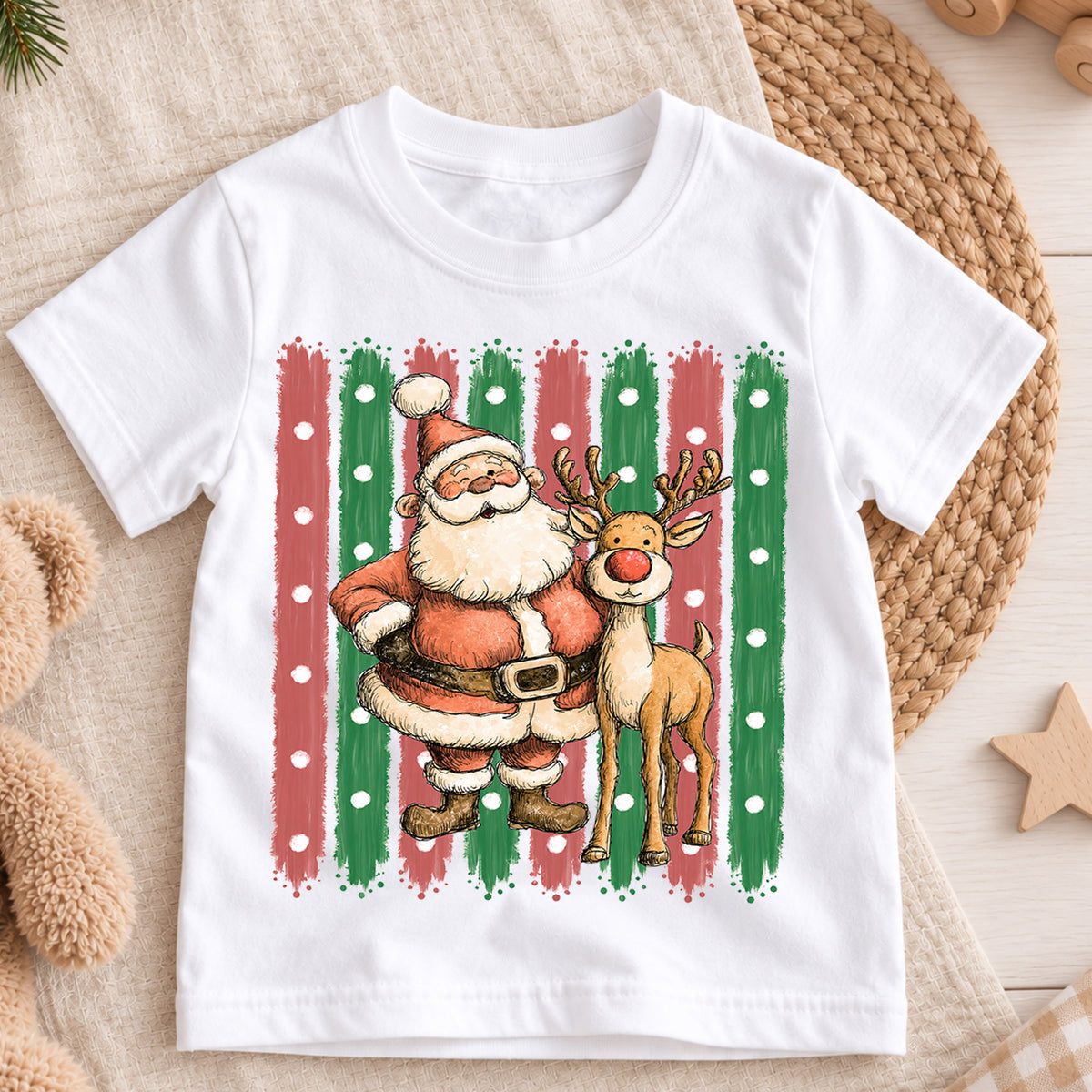 Santa and Reindeer Kids Christmas Shirt, Retro Holiday Tee, Cute Festive Christmas Outfit, Holiday Gift for Children Holiday Gift Idea — product view 3