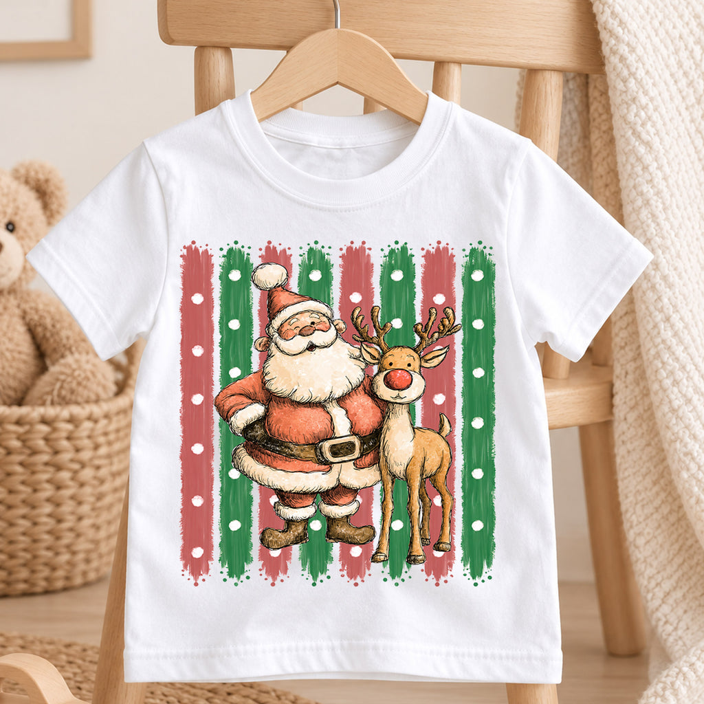 Santa and Reindeer Kids Christmas Shirt, Retro Holiday Tee, Cute Festive Christmas Outfit, Holiday Gift for Children Holiday Gift Idea — product view 4