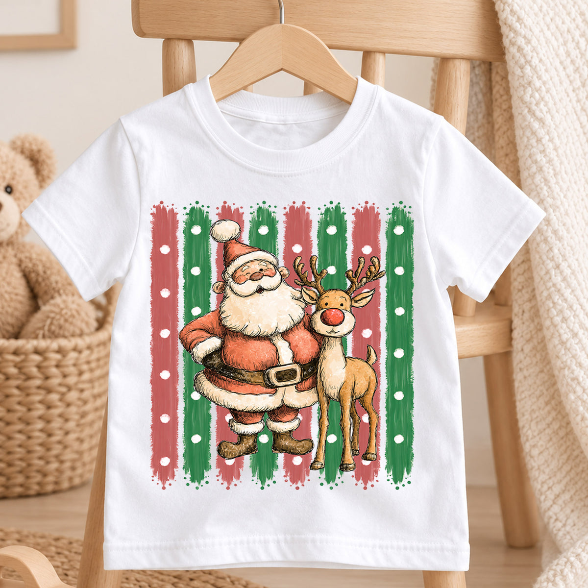 Santa and Reindeer Kids Christmas Shirt, Retro Holiday Tee, Cute Festive Christmas Outfit, Holiday Gift for Children Holiday Gift Idea — product view 4