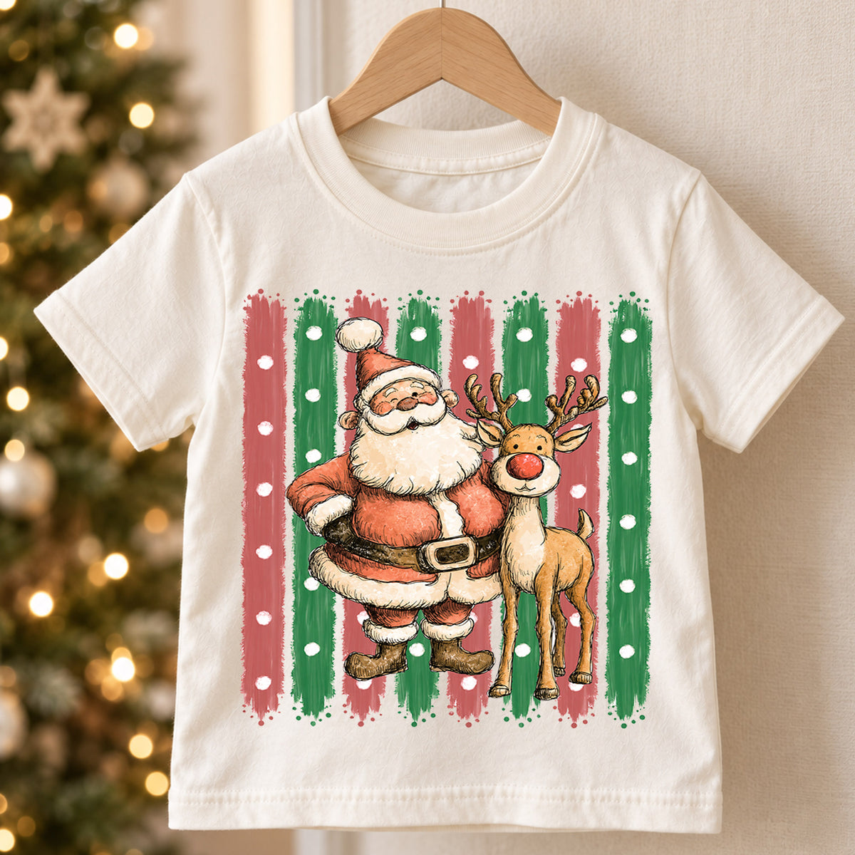 Santa and Reindeer Kids Christmas Shirt, Retro Holiday Tee, Cute Festive Christmas Outfit, Holiday Gift for Children Holiday Gift Idea — product view 5