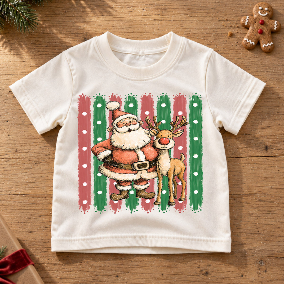 Santa and Reindeer Kids Christmas Shirt, Retro Holiday Tee, Cute Festive Christmas Outfit, Holiday Gift for Children Holiday Gift Idea — product view 6