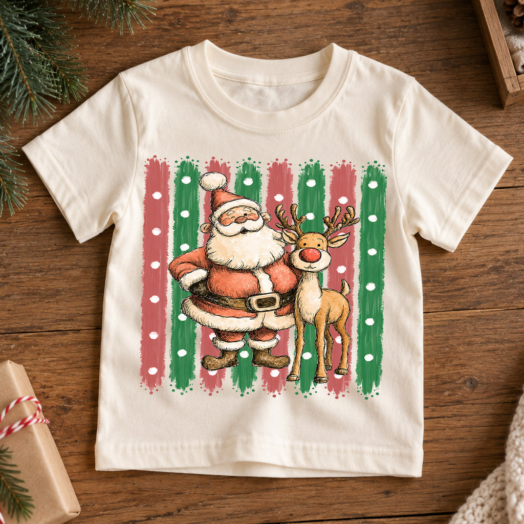 Santa and Reindeer Kids Christmas Shirt, Retro Holiday Tee, Cute Festive Christmas Outfit, Holiday Gift for Children Holiday Gift Idea — product view 7