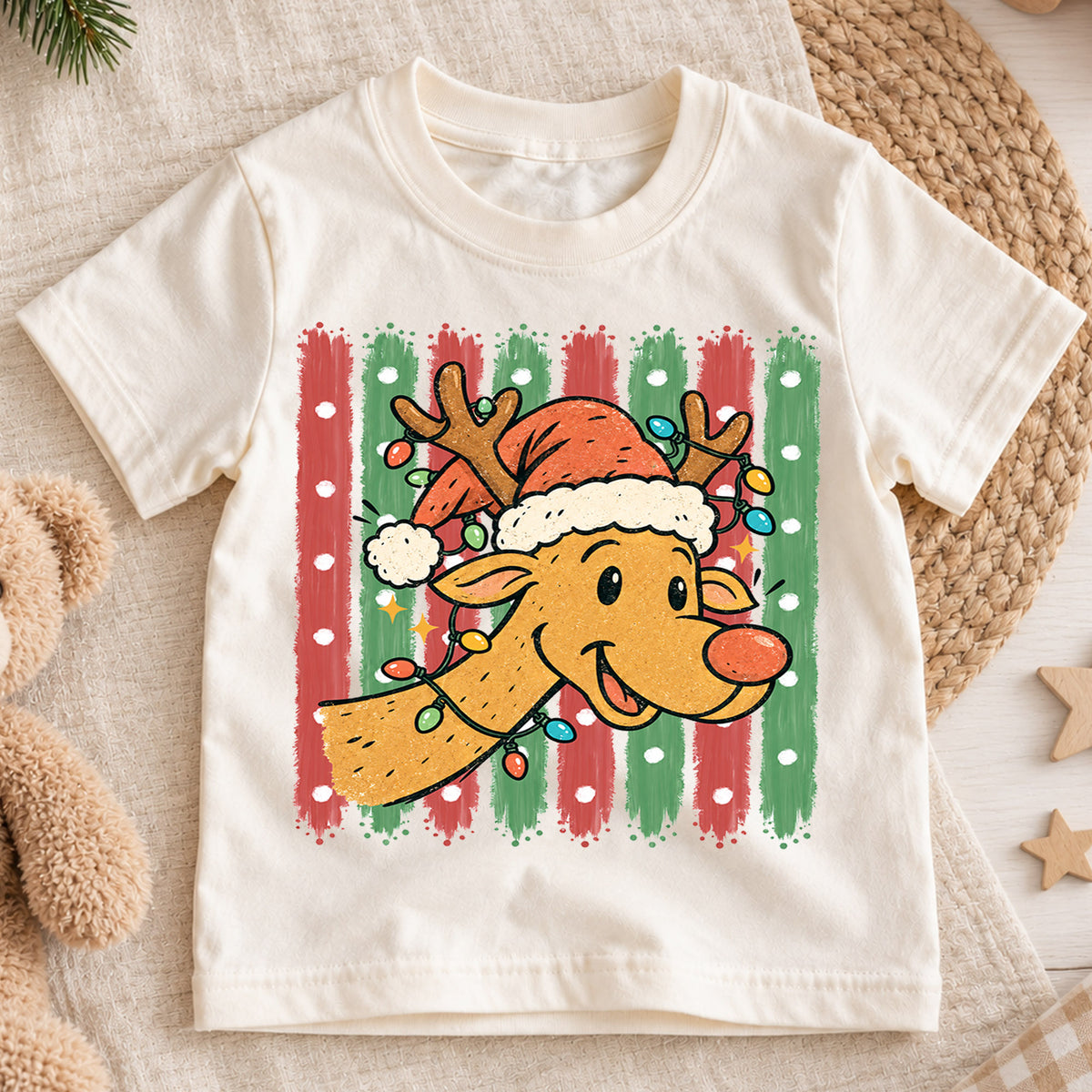Cute Reindeer Christmas Kids Shirt, Santa Hat Reindeer Tee, Retro Christmas Lights T Shirt, Holiday Gift for Boys and Girls — product view 1