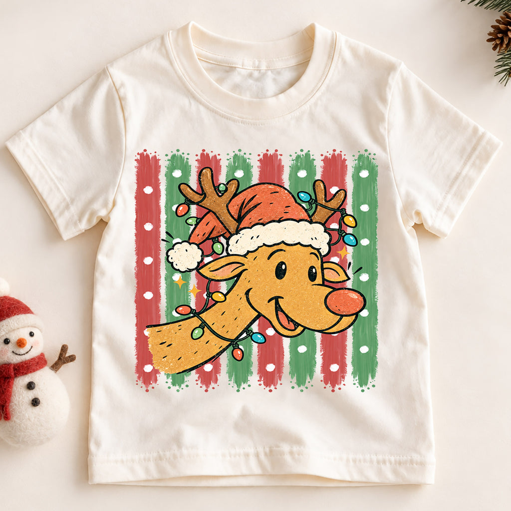 Cute Reindeer Christmas Kids Shirt, Santa Hat Reindeer Tee, Retro Christmas Lights T Shirt, Holiday Gift for Boys and Girls — product view 2