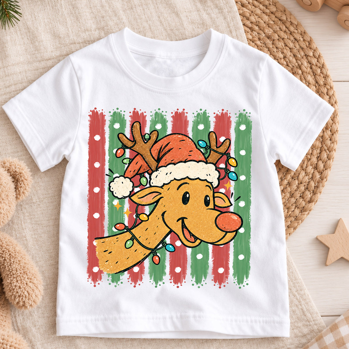 Cute Reindeer Christmas Kids Shirt, Santa Hat Reindeer Tee, Retro Christmas Lights T Shirt, Holiday Gift for Boys and Girls — product view 3