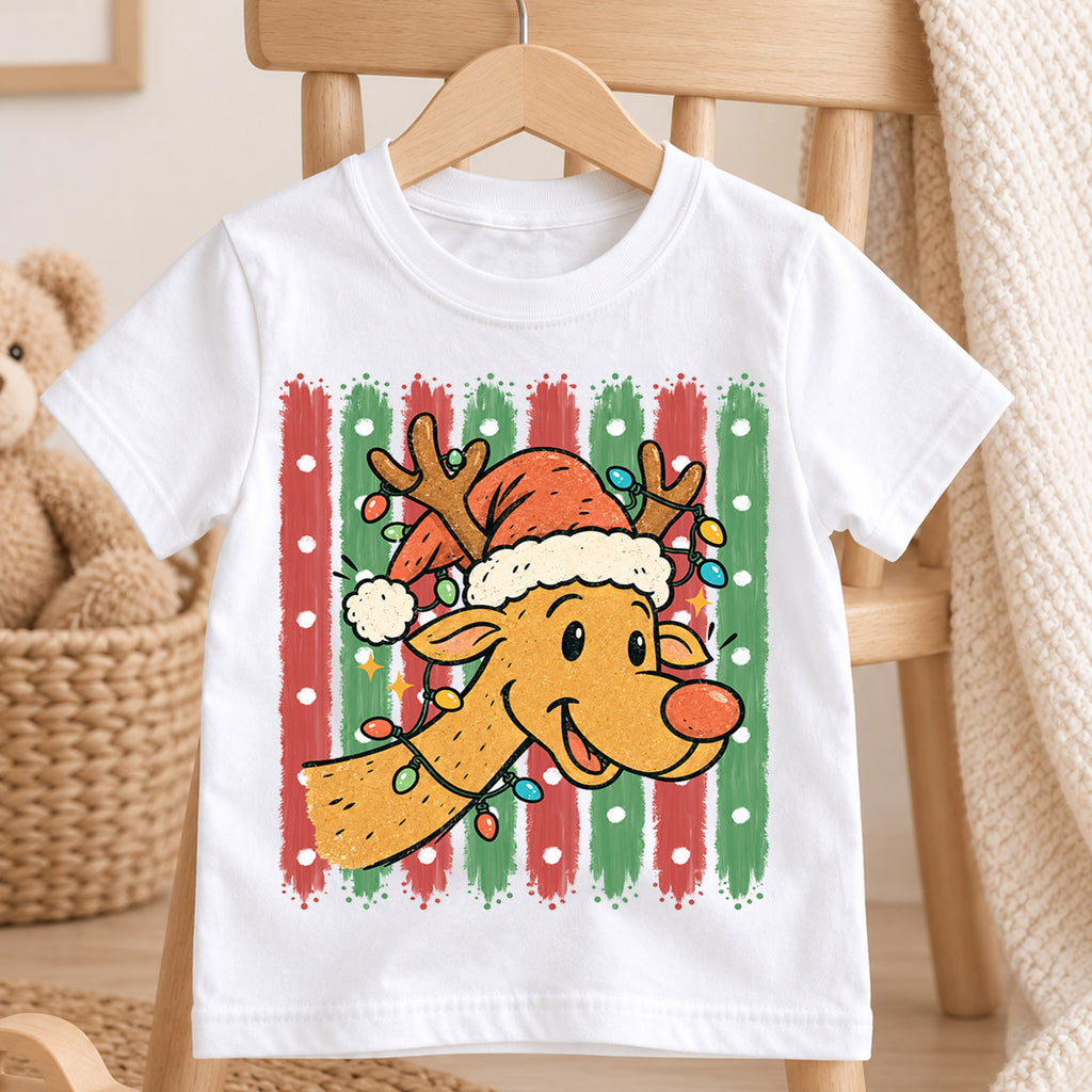 Cute Reindeer Christmas Kids Shirt, Santa Hat Reindeer Tee, Retro Christmas Lights T Shirt, Holiday Gift for Boys and Girls — product view 4