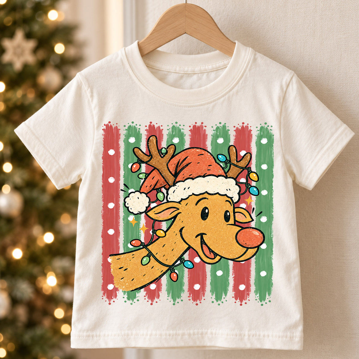 Cute Reindeer Christmas Kids Shirt, Santa Hat Reindeer Tee, Retro Christmas Lights T Shirt, Holiday Gift for Boys and Girls — product view 5