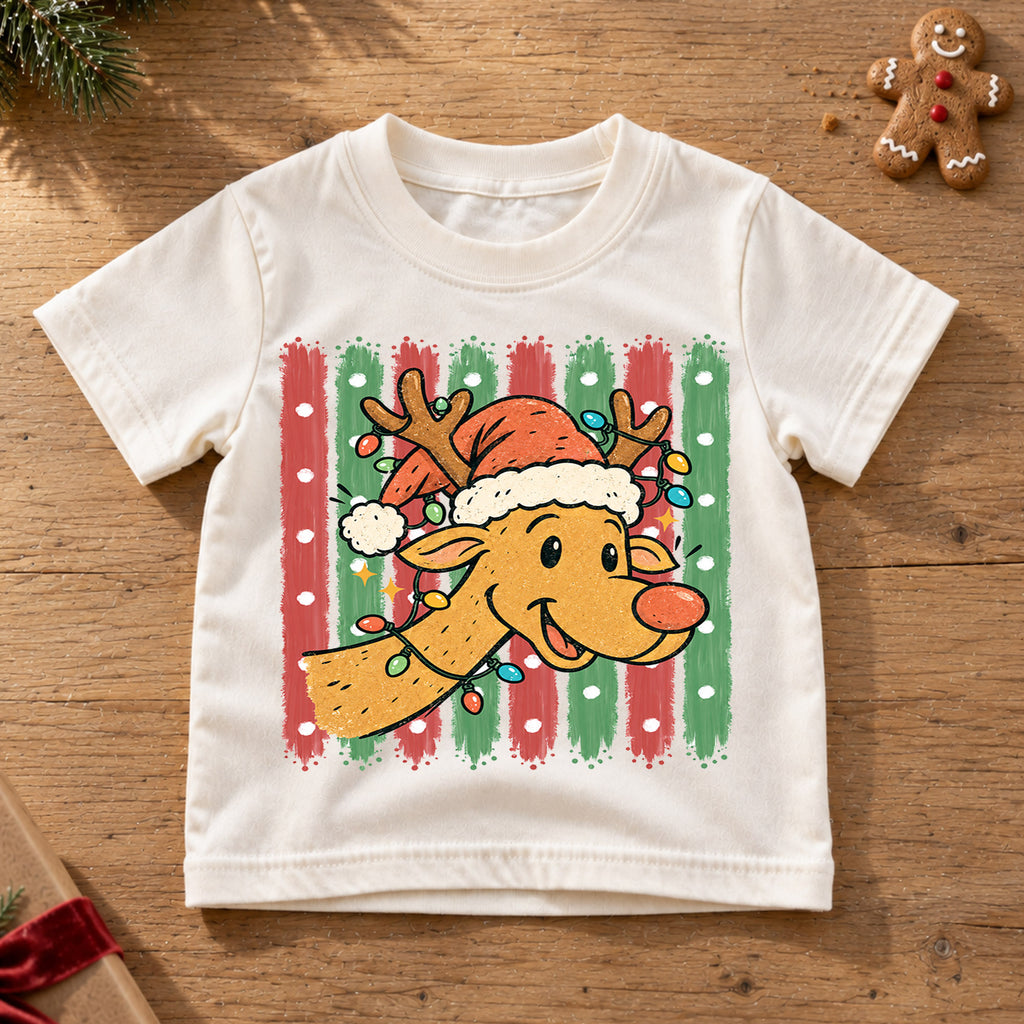 Cute Reindeer Christmas Kids Shirt, Santa Hat Reindeer Tee, Retro Christmas Lights T Shirt, Holiday Gift for Boys and Girls — product view 6