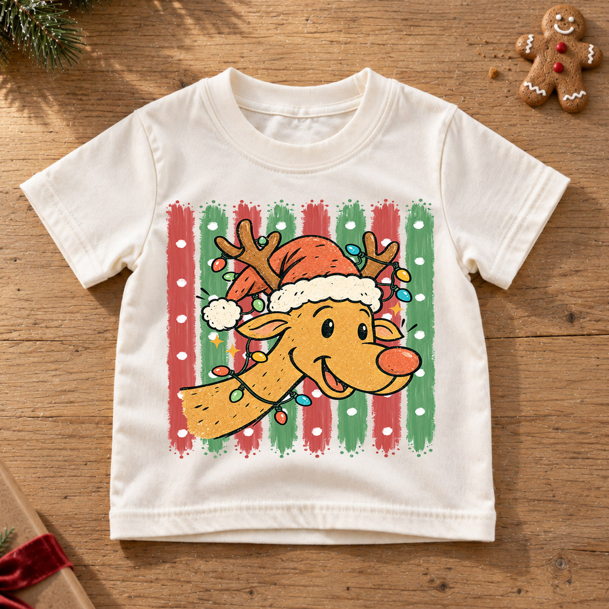 Cute Reindeer Christmas Kids Shirt, Santa Hat Reindeer Tee, Retro Christmas Lights T Shirt, Holiday Gift for Boys and Girls — product view 6