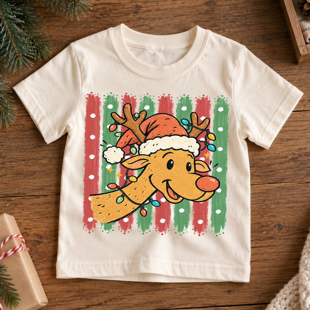 Cute Reindeer Christmas Kids Shirt, Santa Hat Reindeer Tee, Retro Christmas Lights T Shirt, Holiday Gift for Boys and Girls — product view 7