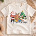 Merry and Cozy Kids Christmas Shirt, Santa Snowman Holiday Tee, Festive Christmas Outfit, Holiday Gift for Kids Cute Holiday Gift Idea — product view 1
