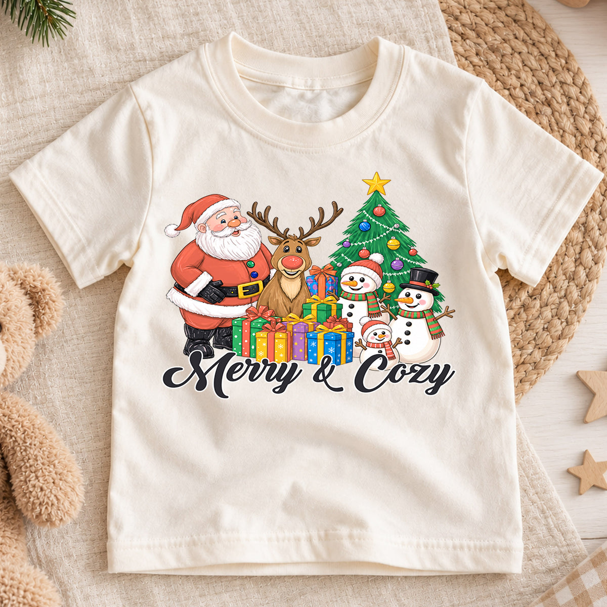 Merry and Cozy Kids Christmas Shirt, Santa Snowman Holiday Tee, Festive Christmas Outfit, Holiday Gift for Kids Cute Holiday Gift Idea — product view 1