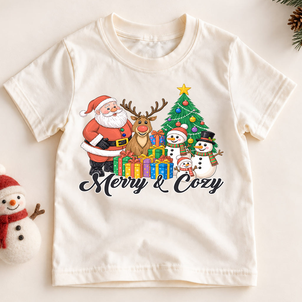 Merry and Cozy Kids Christmas Shirt, Santa Snowman Holiday Tee, Festive Christmas Outfit, Holiday Gift for Kids Cute Holiday Gift Idea — product view 2