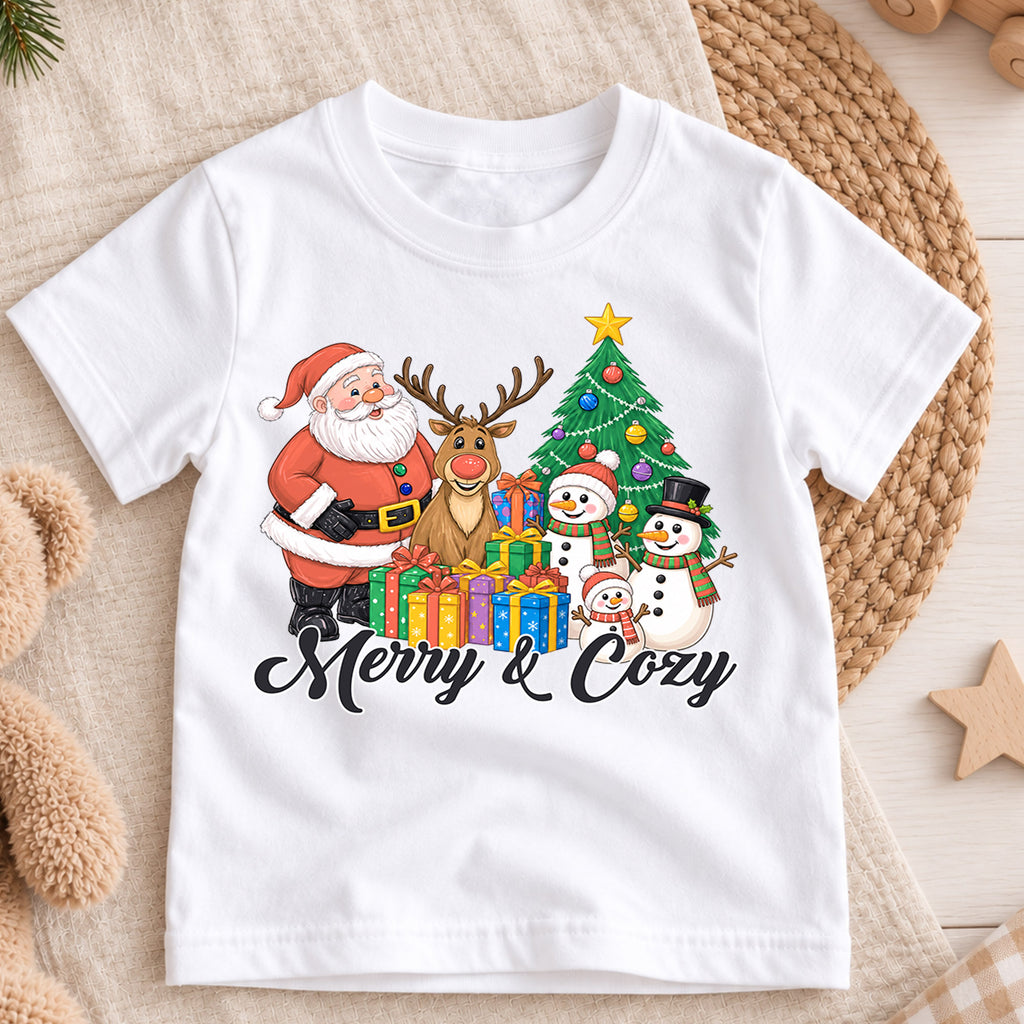 Merry and Cozy Kids Christmas Shirt, Santa Snowman Holiday Tee, Festive Christmas Outfit, Holiday Gift for Kids Cute Holiday Gift Idea — product view 3