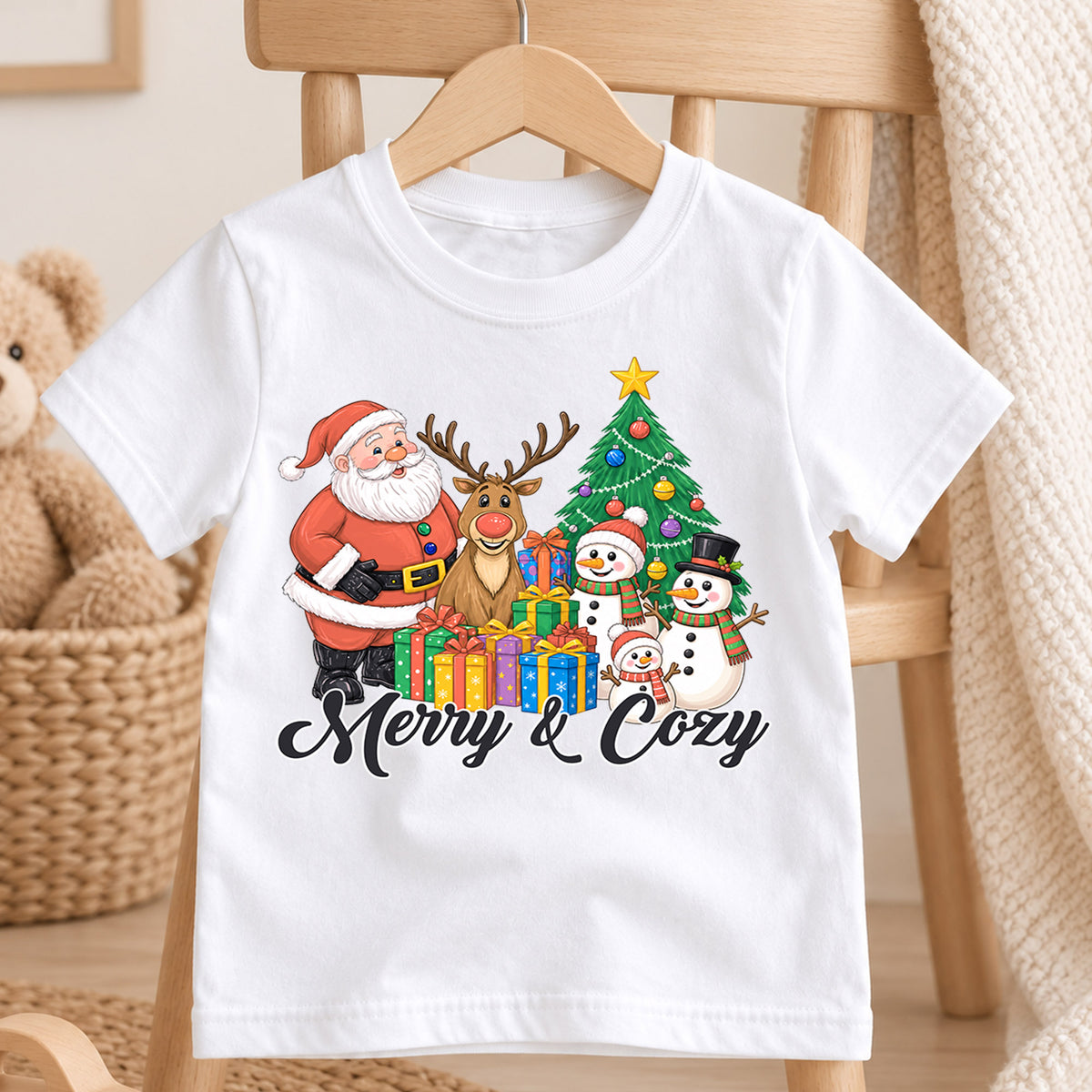 Merry and Cozy Kids Christmas Shirt, Santa Snowman Holiday Tee, Festive Christmas Outfit, Holiday Gift for Kids Cute Holiday Gift Idea — product view 4